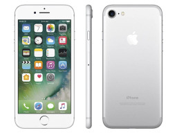 A silver iPhone 7 front, side, and back view.