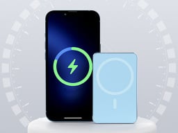 An iPhone next to the speedy mag wireless charger.
