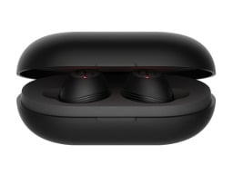 Black earbuds in a black case.