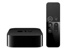 A black Apple TV HD with siri remote