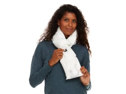 A woman wearing a white heated scarf.