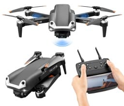 Two gray drones and a remote.