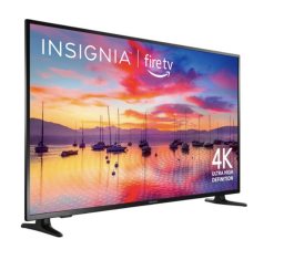 The Insignia 55-inch Fire TV shown slightly sideways over a white background