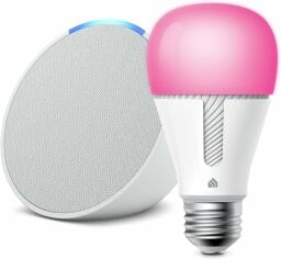 an echo pop and a kasa smart bulb sit together on a white background