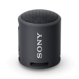 The Sony SRS-XB13 EXTRA BASS Bluetooth speaker in a black color, over a white background