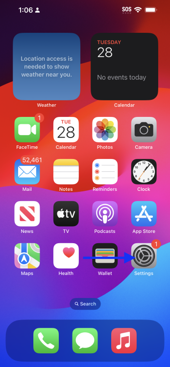 Settings app on iPhone