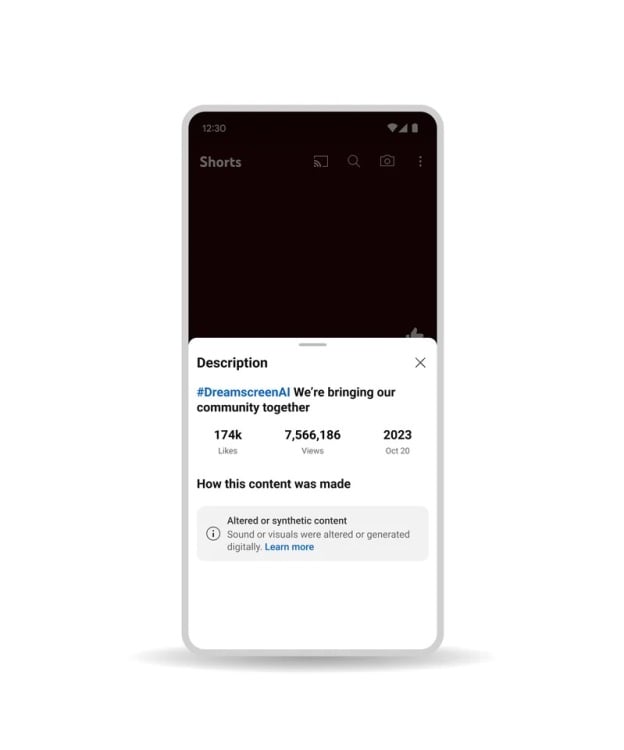 YouTube description panel on a smartphone showing the disclosure label that the video is AI-generated