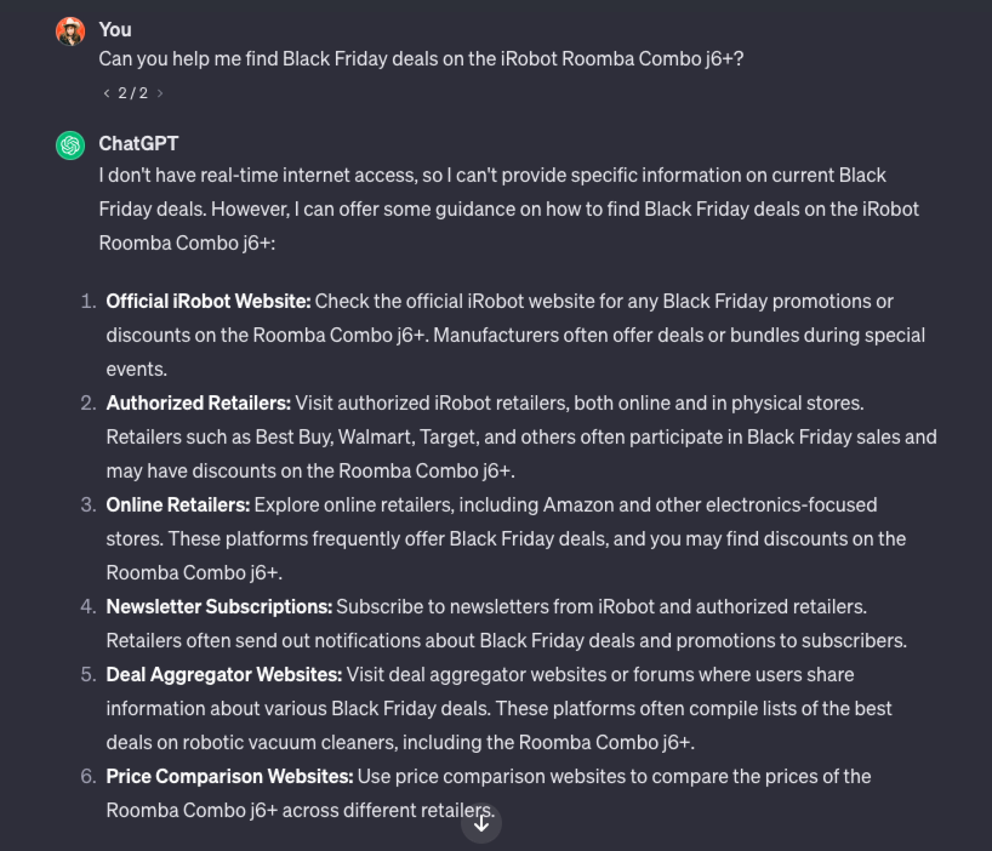 ChatGPT response to Black Friday deal question