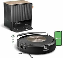 Roomba coming out of dock and smartphone with green iRobot screen