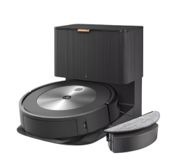 iRobot Roomba robot vacuum on auto empty dock beside separate water tank