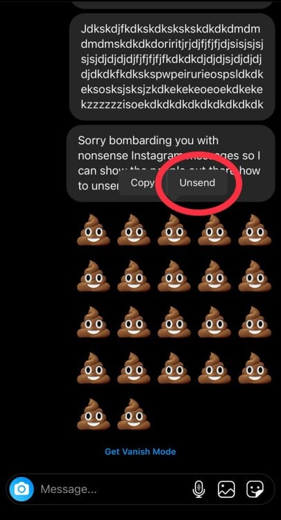 Screenshot of Instagram DMs with the "unsend" option highlighted.