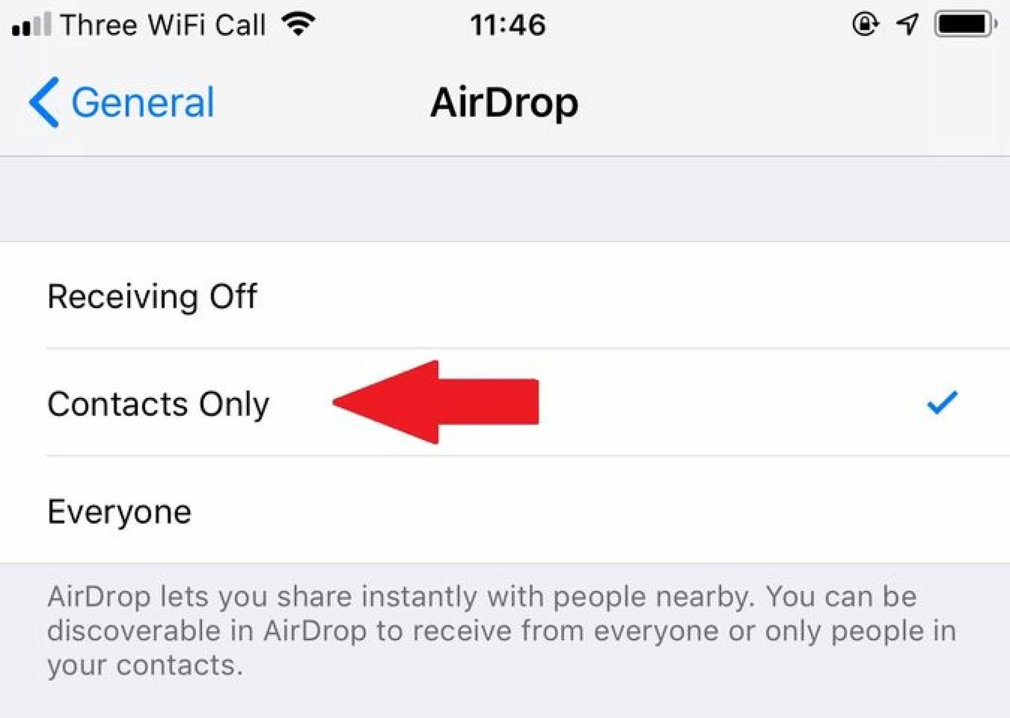 Screenshot of AirDrop with the "Contacts Only" option highlighted. 