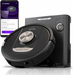 Black Shark robot vacuum with dock and smartphone with cleaning app on screen