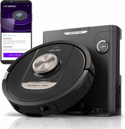 Black Shark robot vacuum with dock and smartphone with cleaning app on screen
