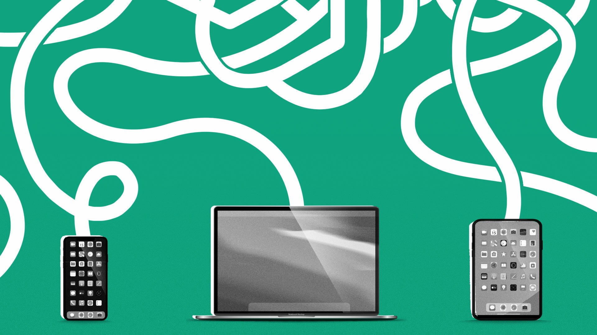 white squiggly lines against a green background moving down towards a smartphone, a laptop, and a tablet in black and white