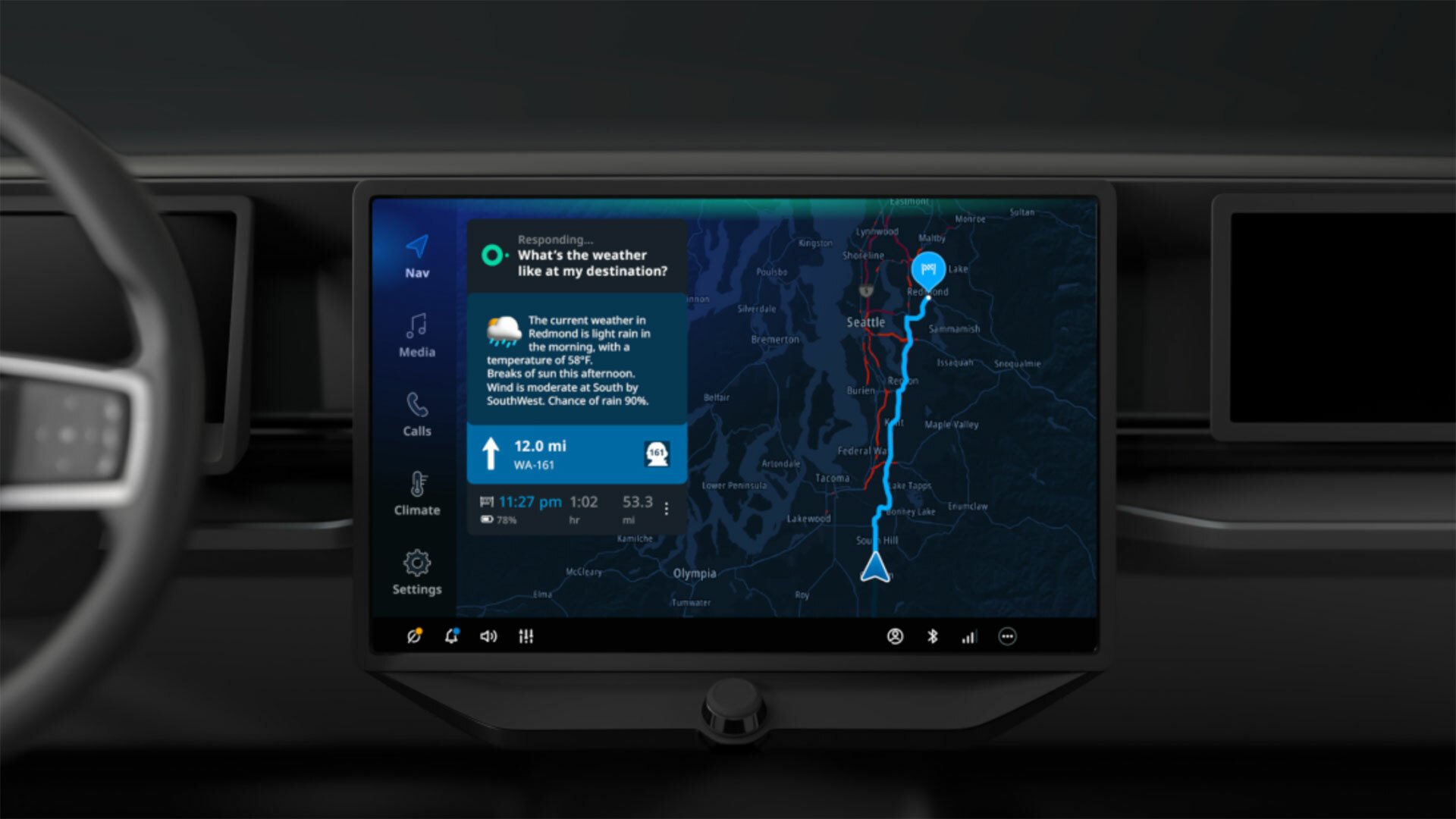 A navigation screen is visible on the dashboard of a car.