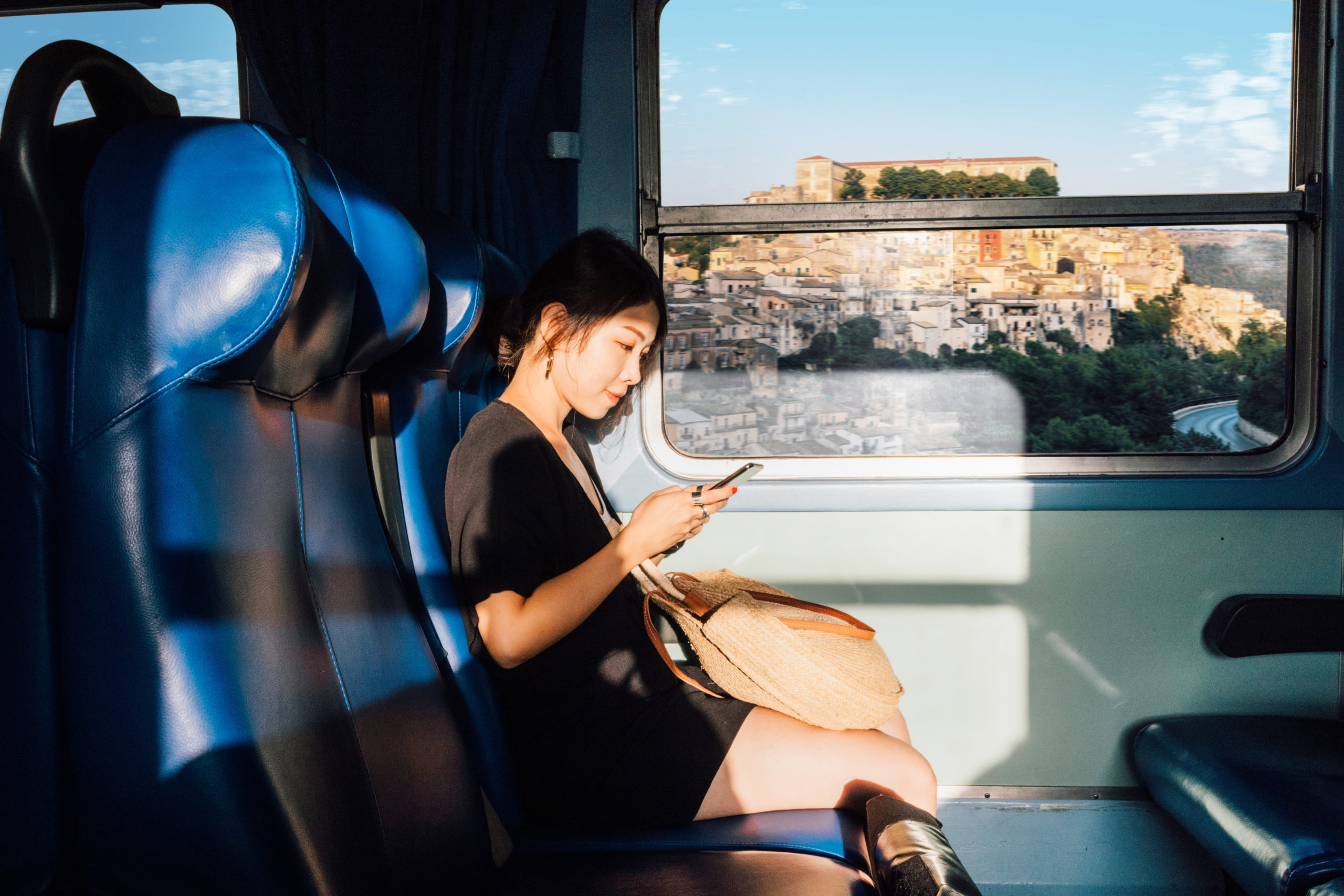 woman using phone on a train