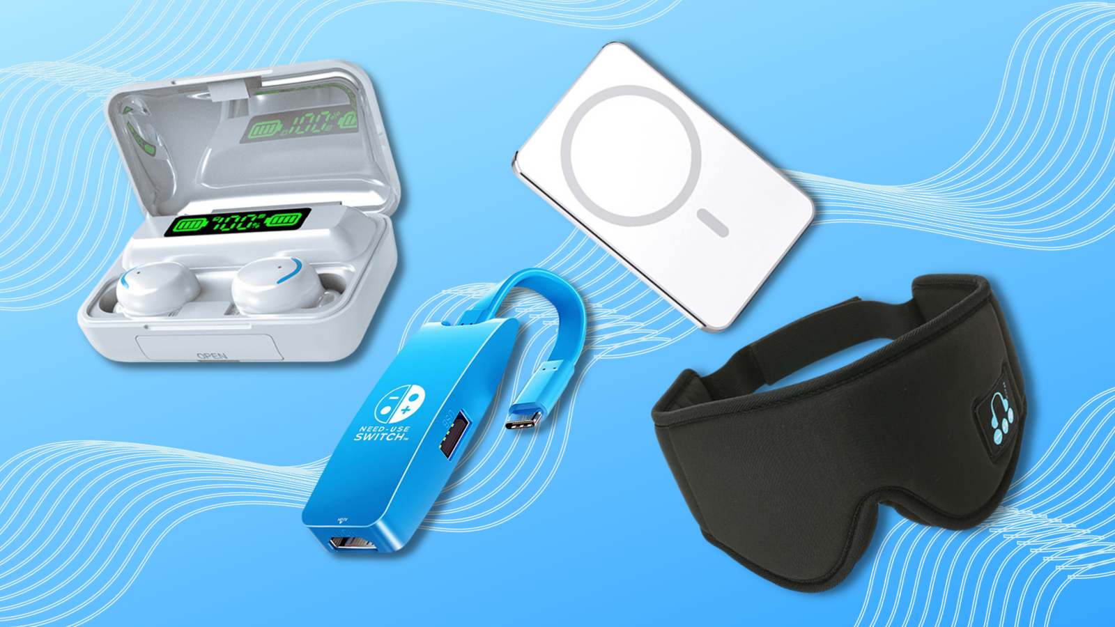 headphones, nintendo docking station, wireless charger, and sleep mask with blue background