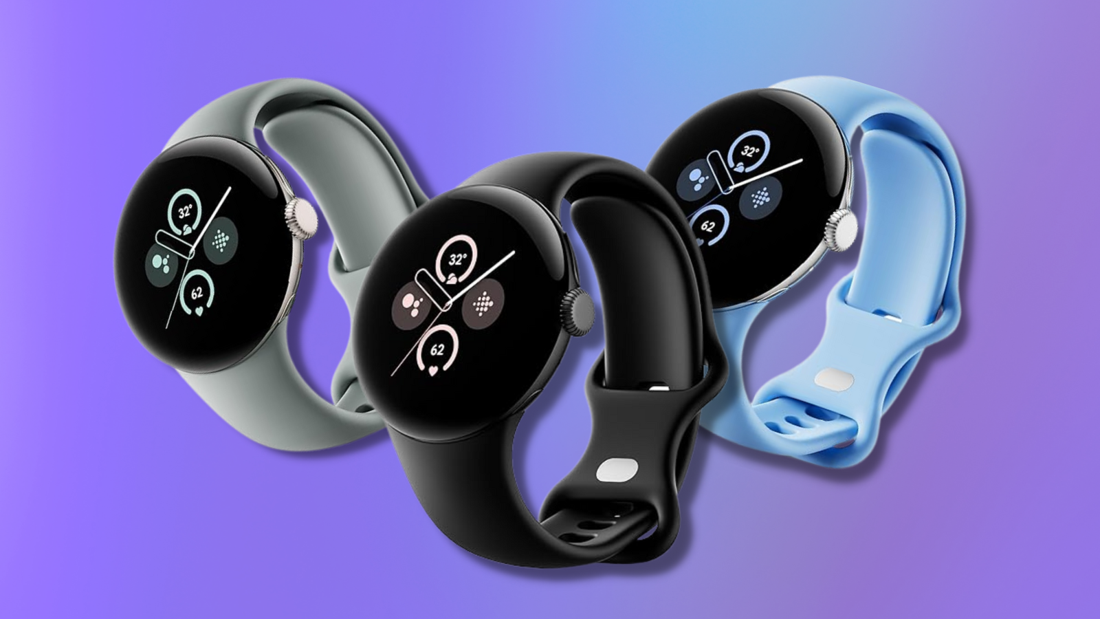 Google Pixel Watch 2 color options against a purple gradient background