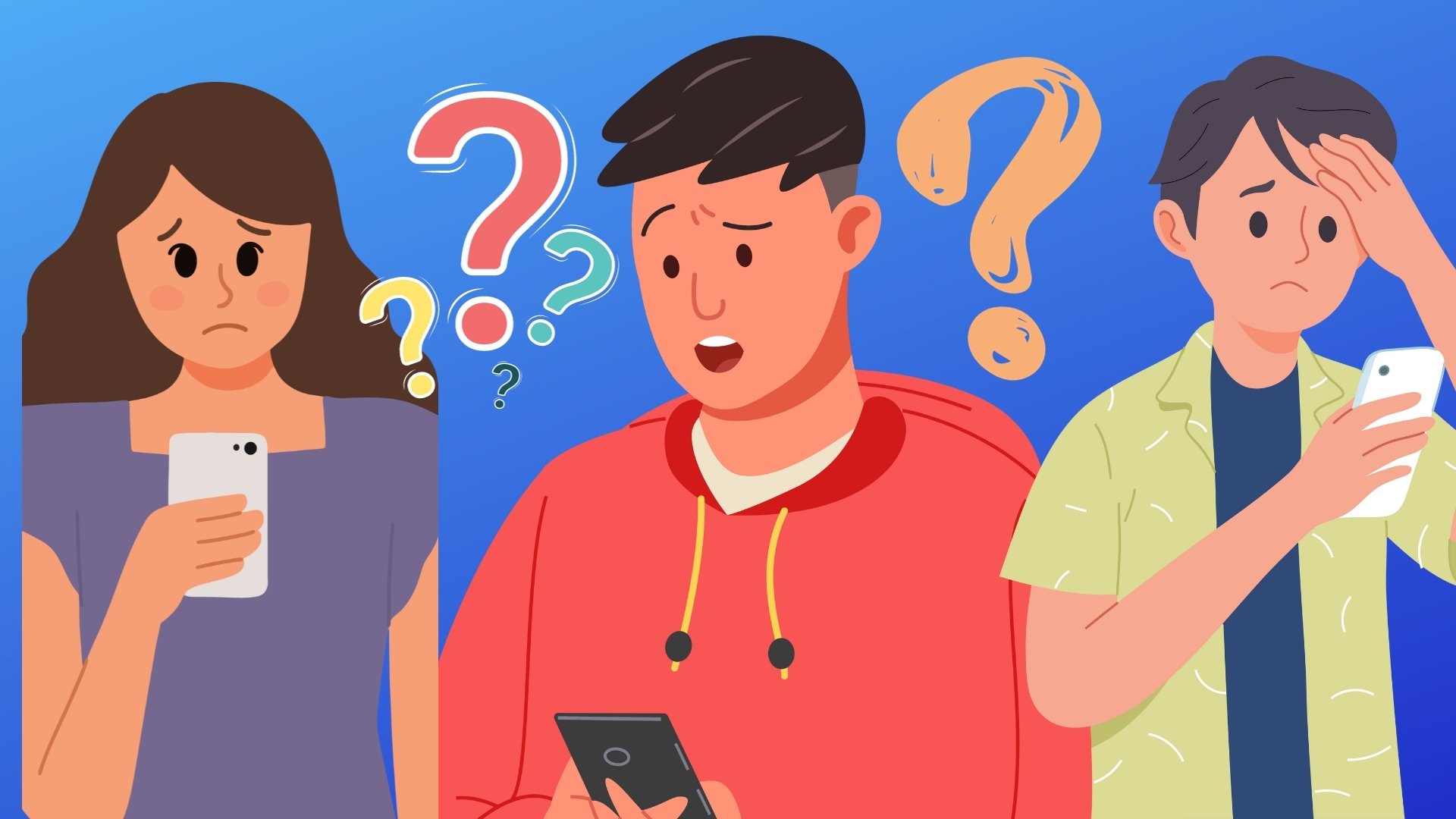Group of three confused while looking at phone
