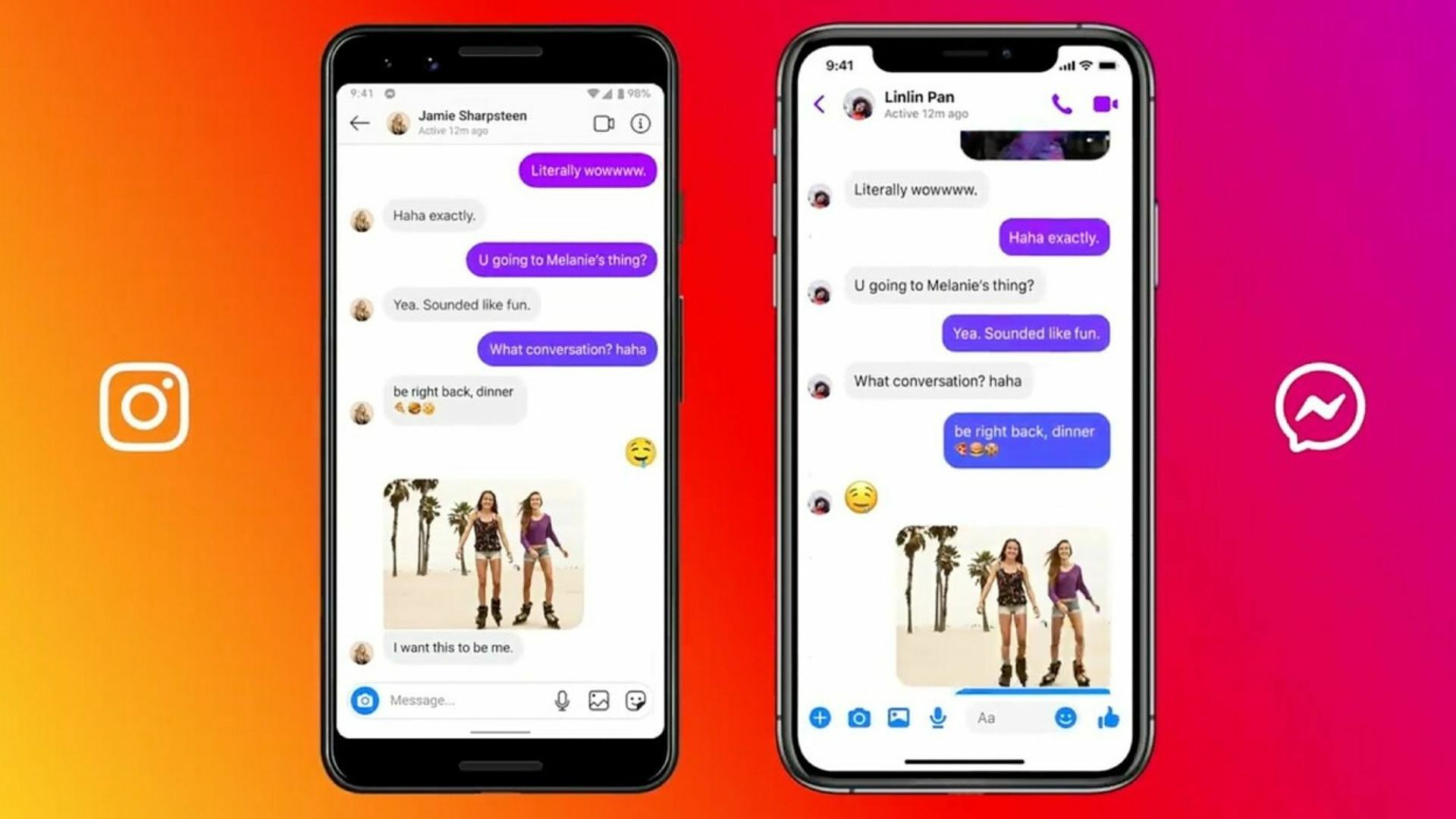 Messages on both Instagram and Messenger displayed on two phones.