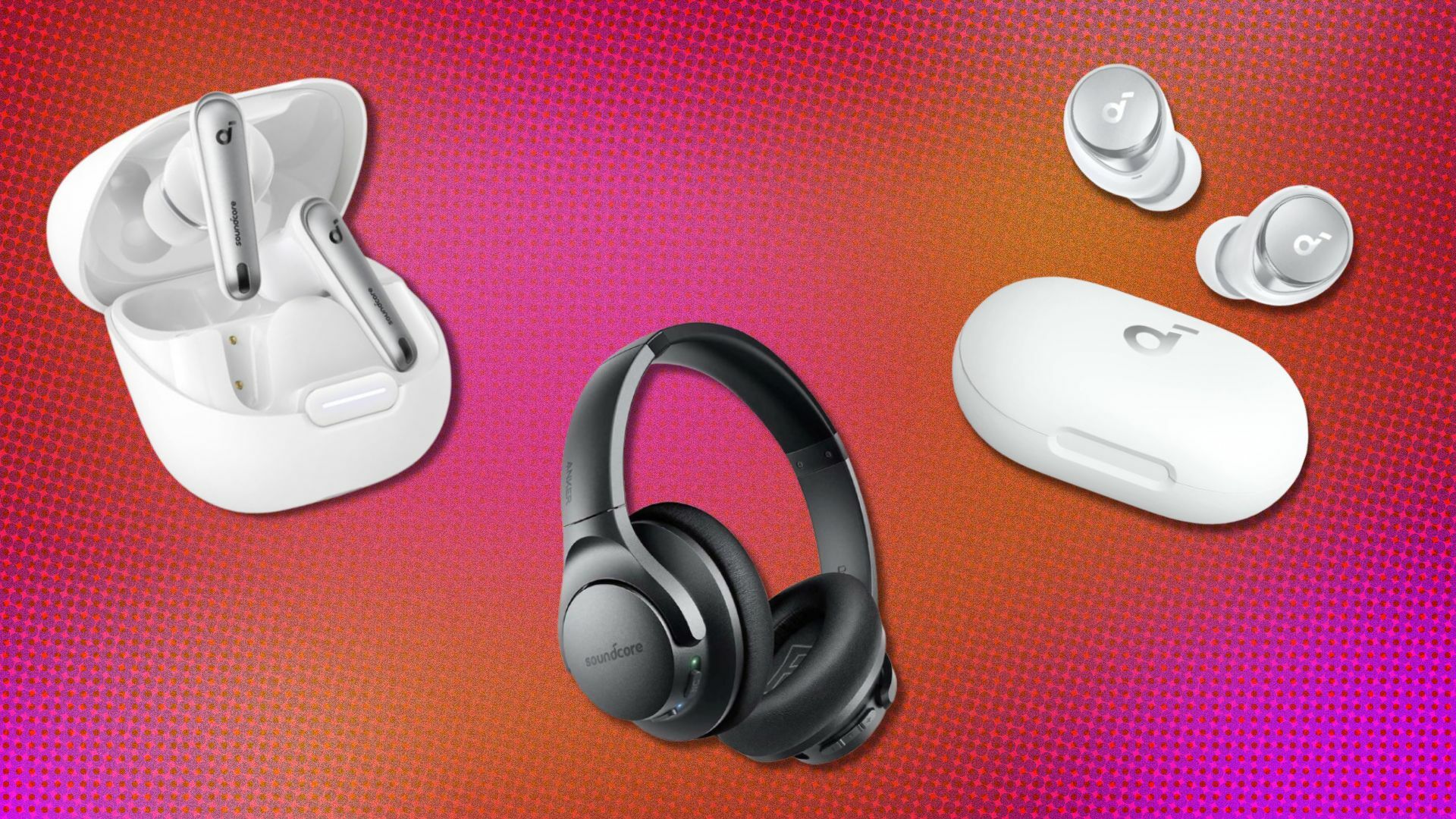 three pairs of soundcore headphones and eabuds on a pink and orange background