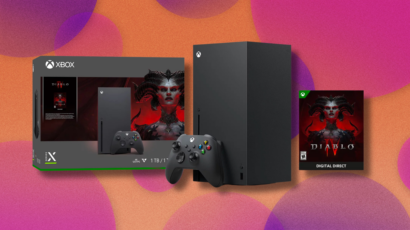 Xbox Series X Diablo IV Bundle on colorful abstract background