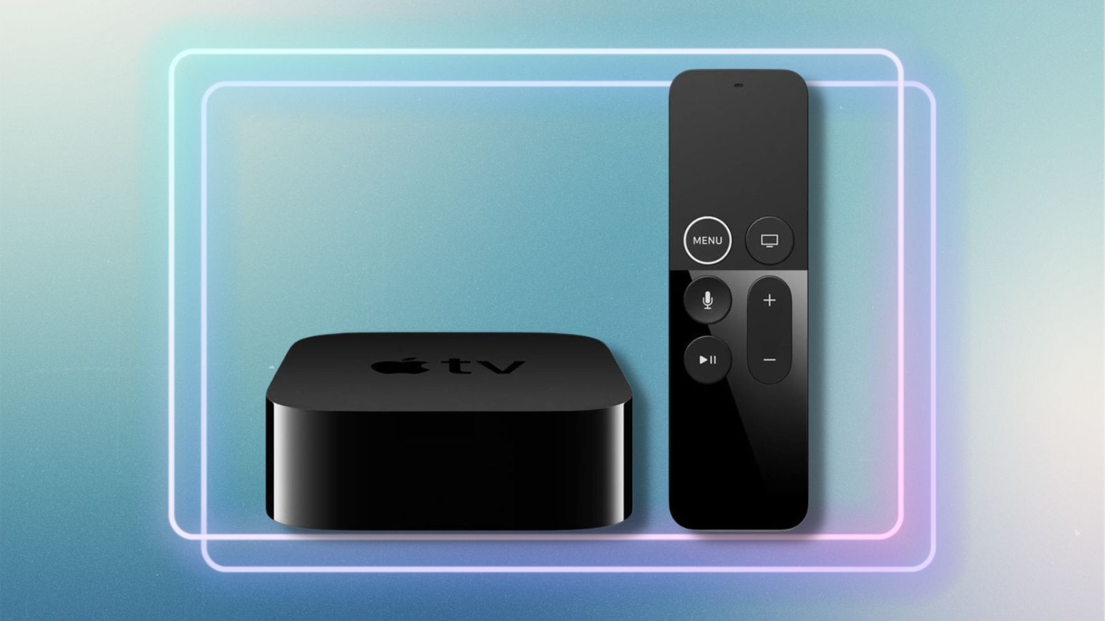 Apple TV and Siri remote with blue gradient background