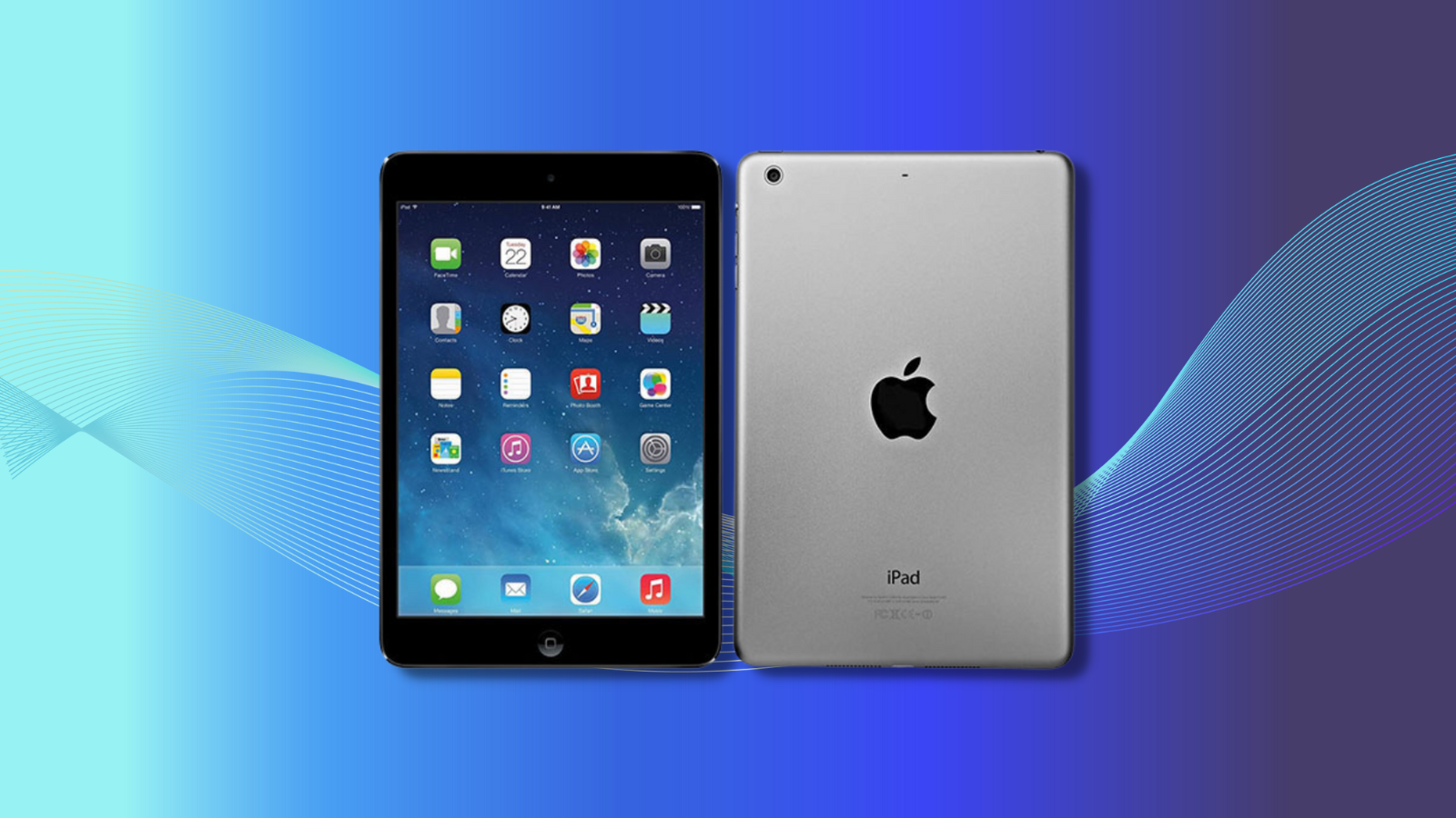 iPad Air with blue decorative gradient background