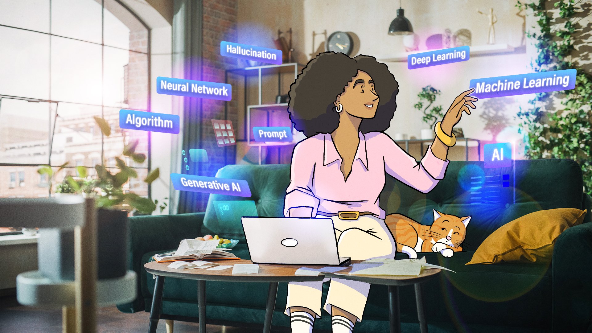 An animated person sitting on a real couch as AI-related word bubbles float in the air.