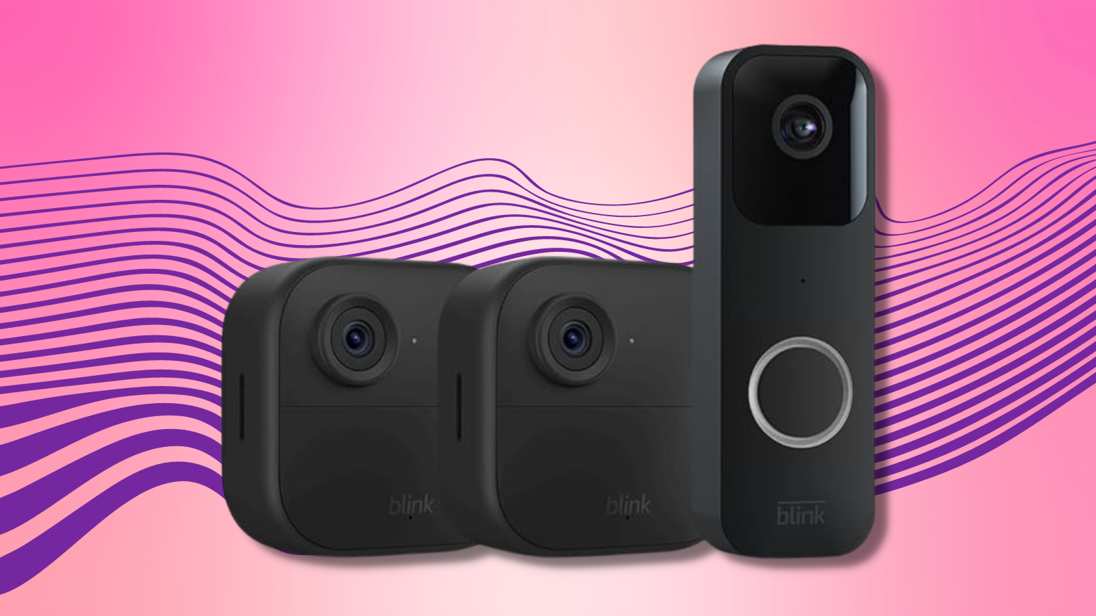 Blink security cameras and video doorbell with pink background