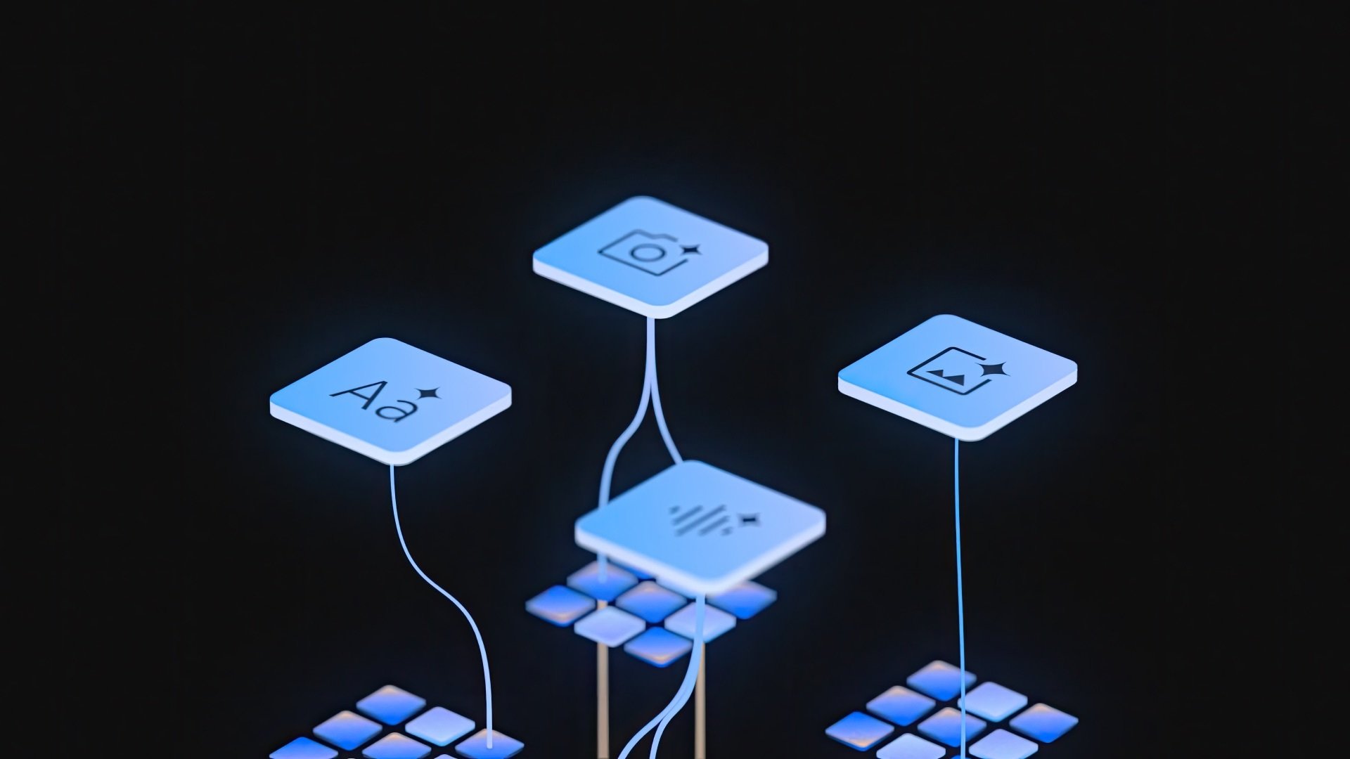 four blue squares trailing down to grids of smaller blue squares