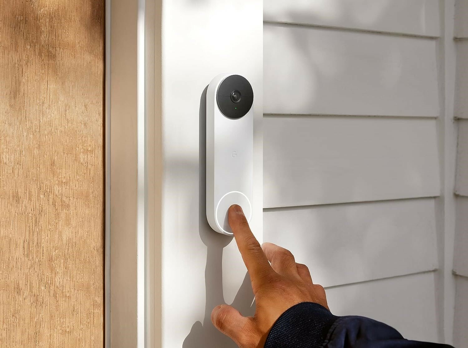 Google Nest Doorbell camera affixed to an outdoor doorway
