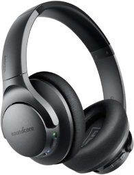 a pair of black soundcore anker life q20 hybrid wireless headphones