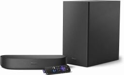 The rectangular Roku Streambar and Roku Wireless Bass speaker and subwoofer positioned next to the Roku remote