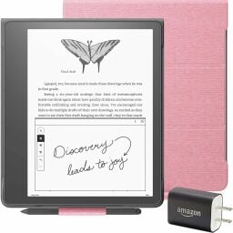 a kindle scribe bundle with a pink case on a white background