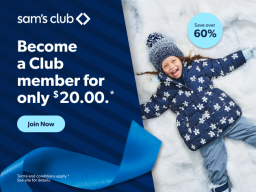 Sam's Club membership advertisement with young girl laying in snow