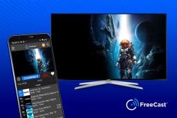 FreeCast on phone and computer with blue background