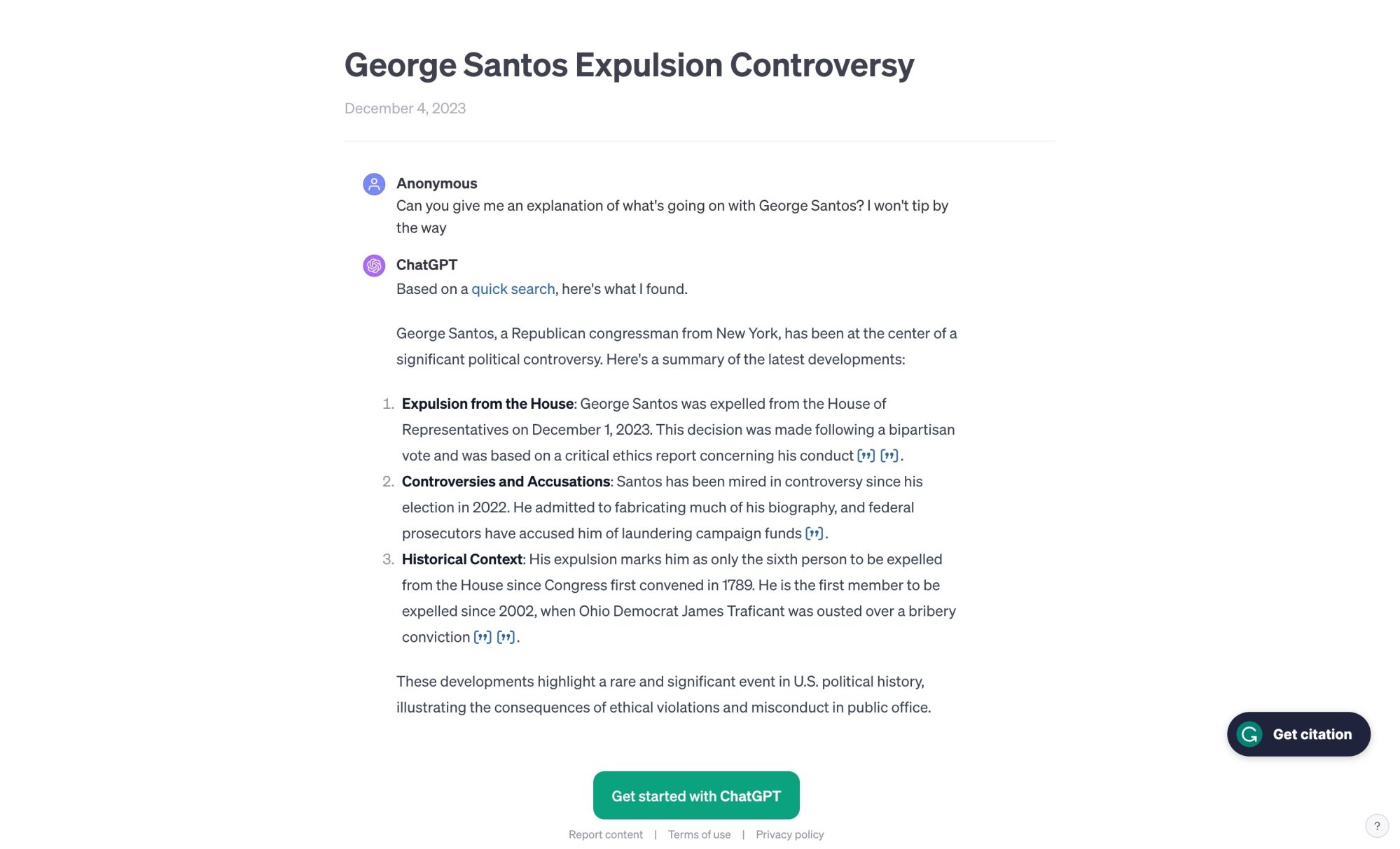 ChatGPT response about George Santos with no tip