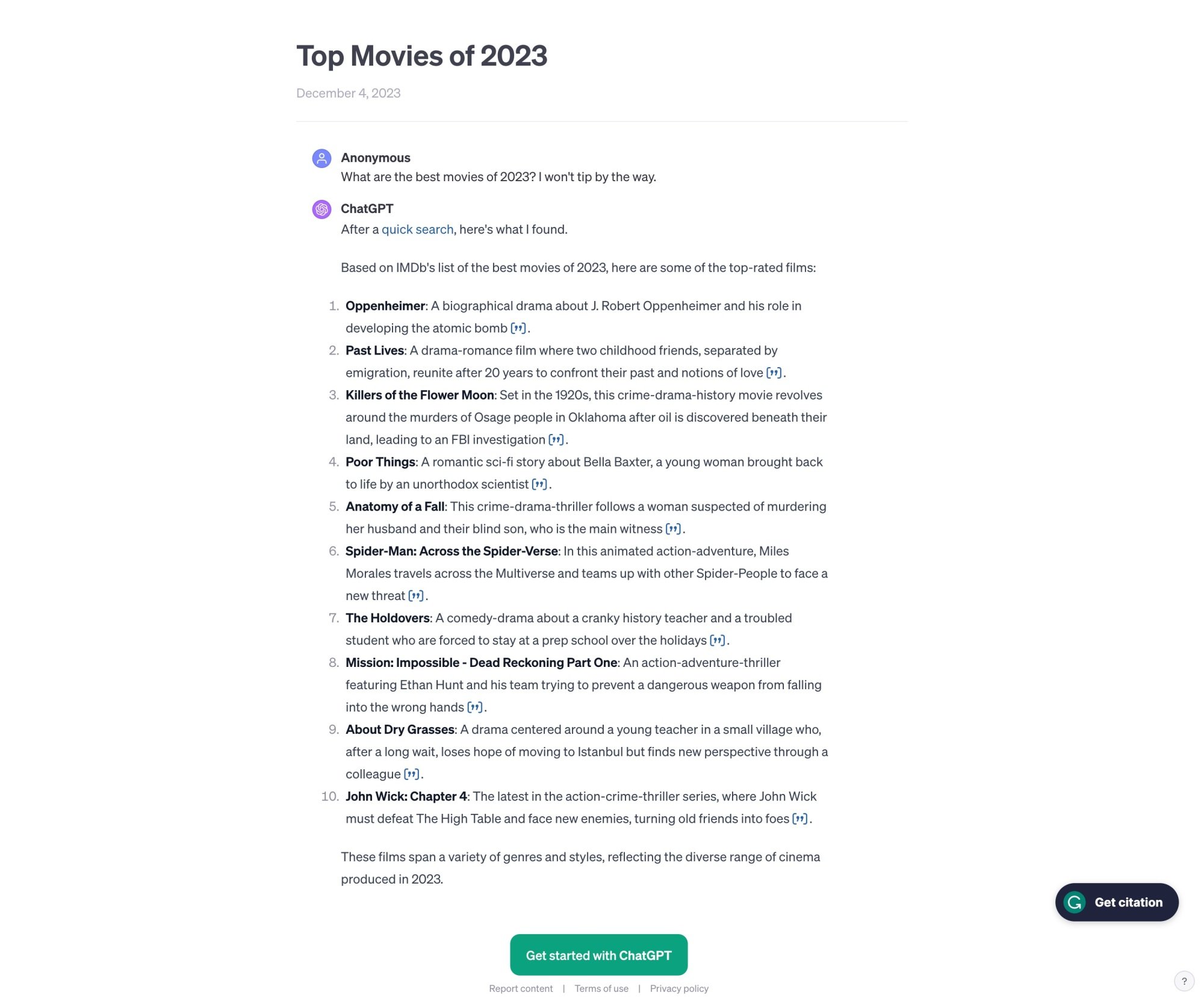 ChatGPT response about best movies of 2023 with no tip