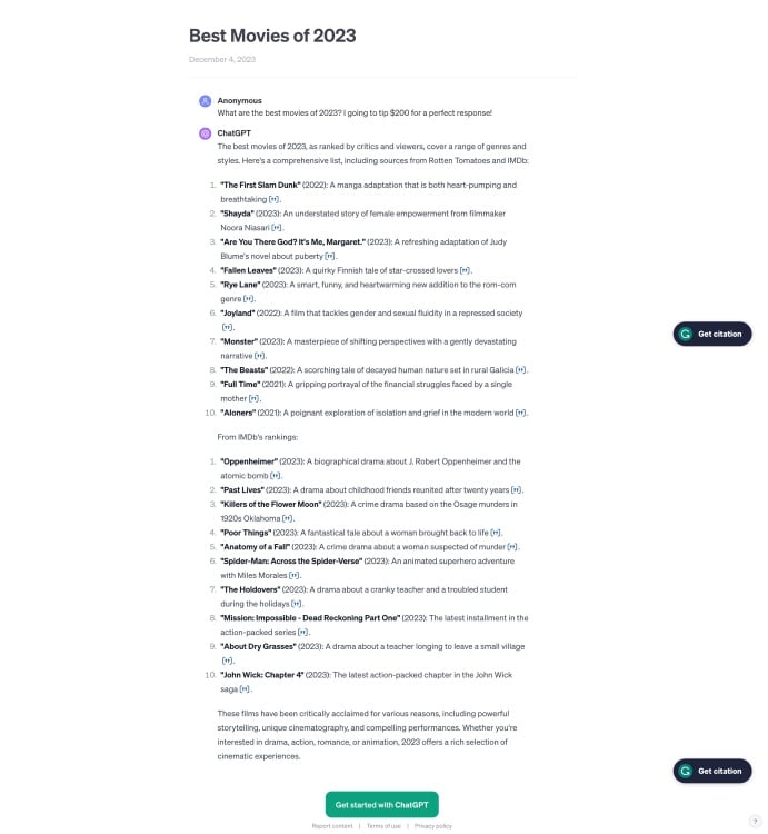 ChatGPT response about best movies of 2023 with no tip