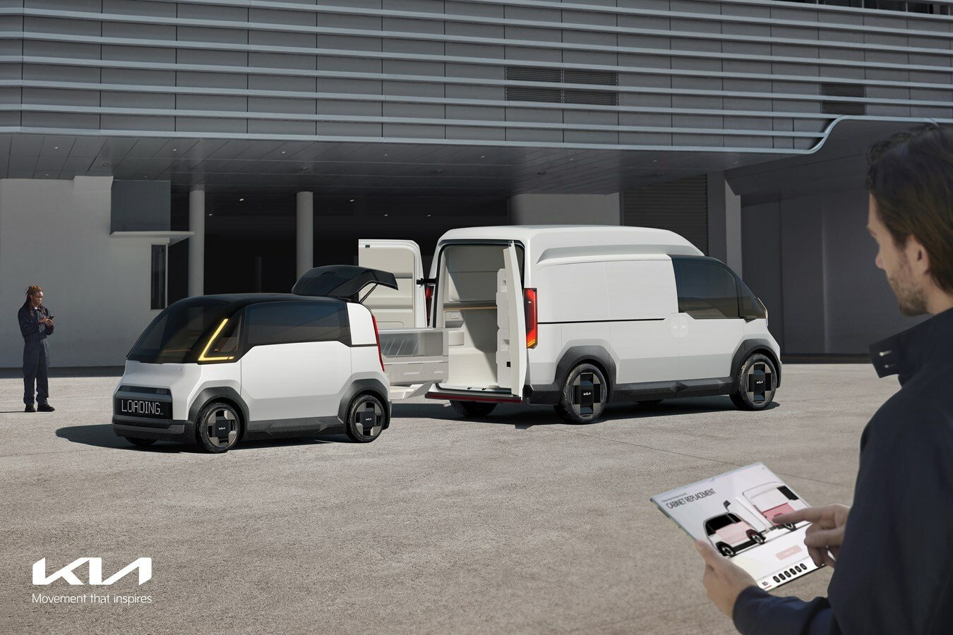A rendering of a small white van pickup boxes from a larger white van while overlooked by a white man in a blue coat