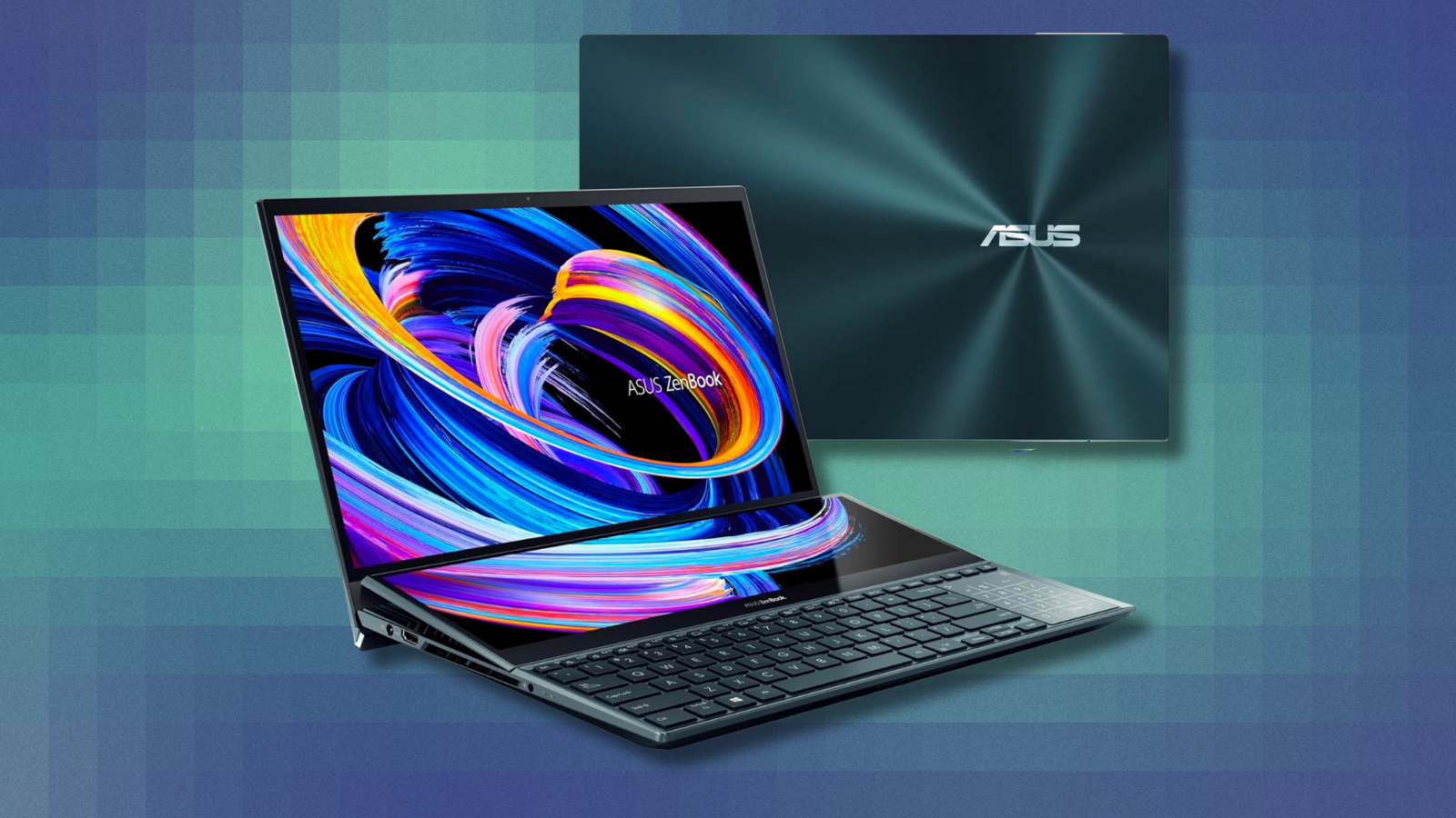 Asus ZenBook Pro Duo 15 on blue pixelated background