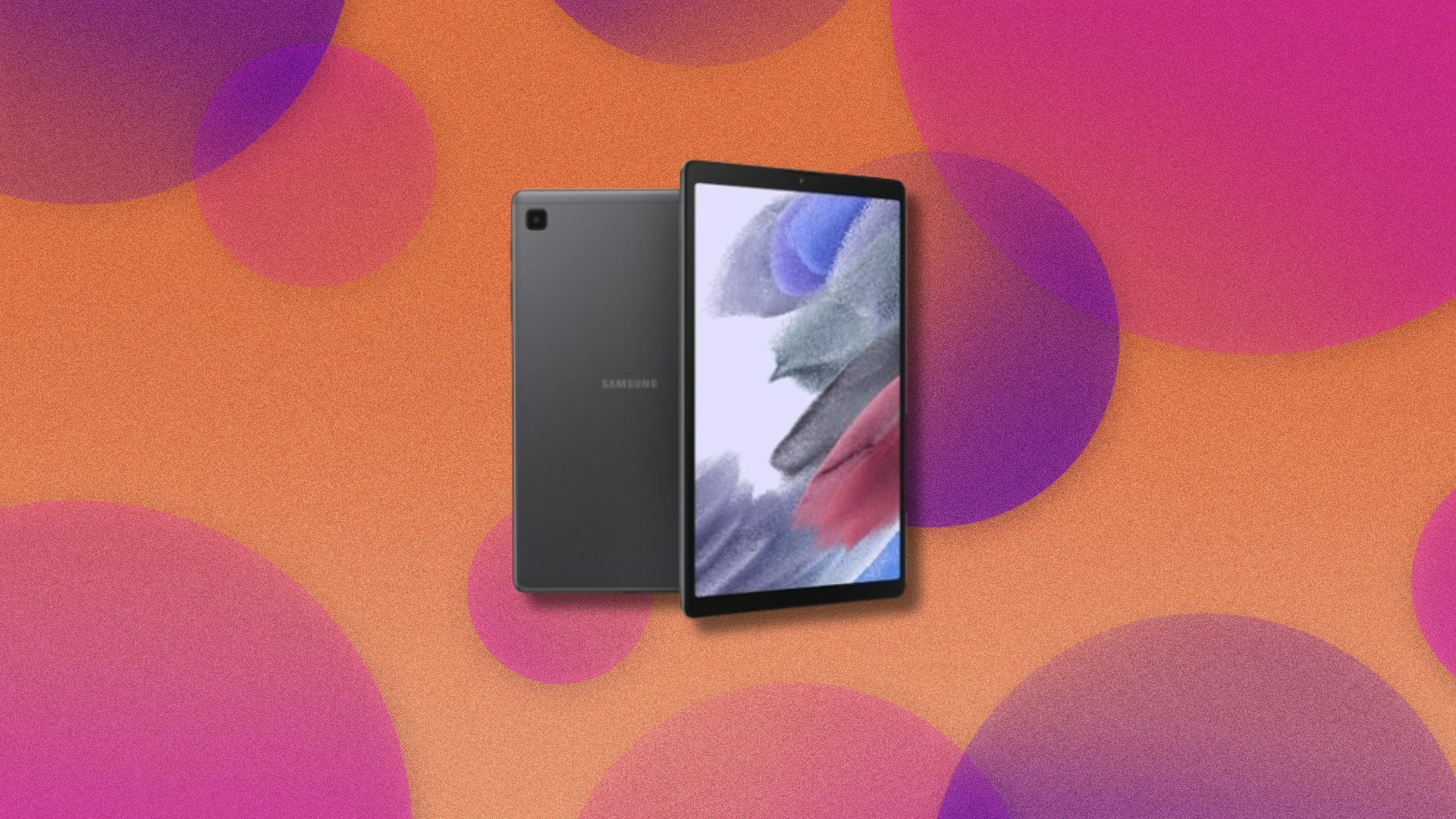 a samsung galaxy tab a7 lite on an orange background with pink and purple dots