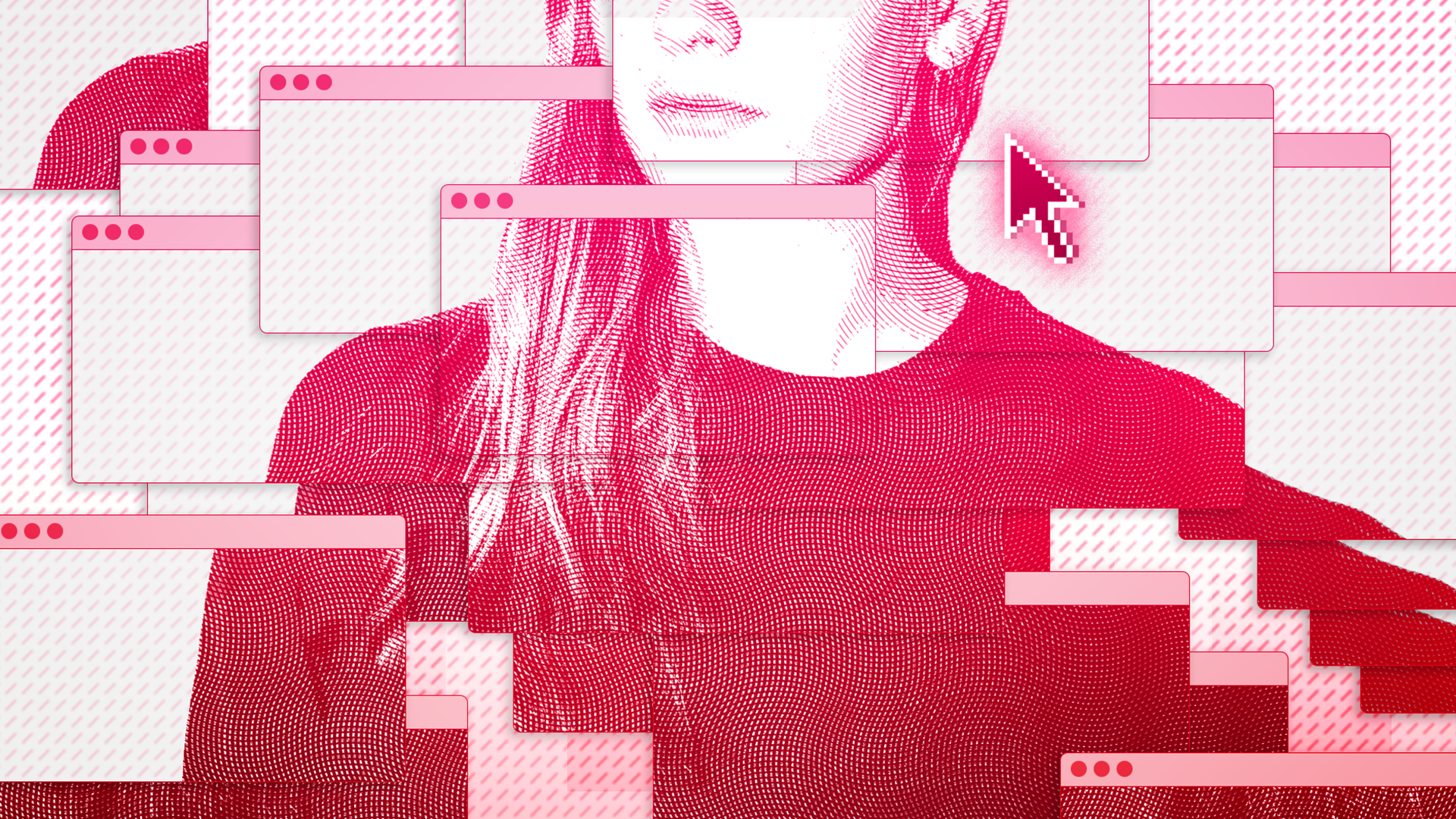 A woman looks off to the side. Dozens of transparent internet browser windows hover over her face. 