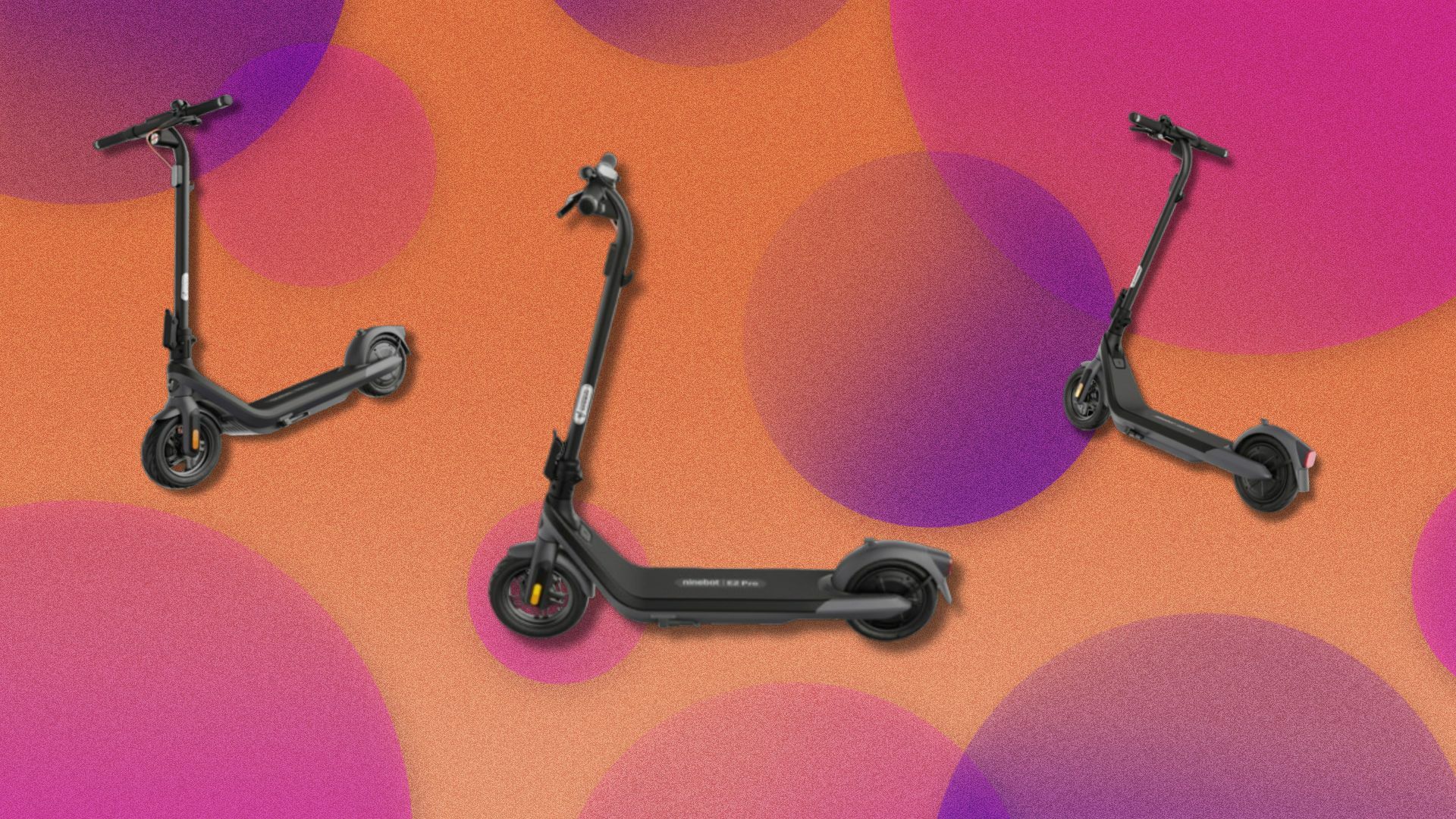 the segway Ninebot eKickScooter E2 Pro on a pink and purple background