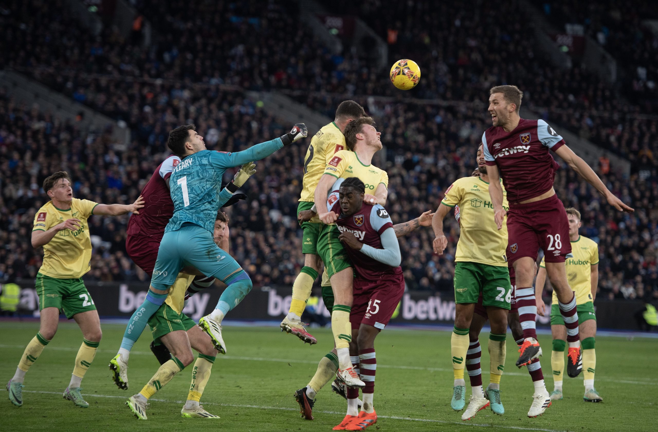 Max OLeary of Bristol City punches a corner clear