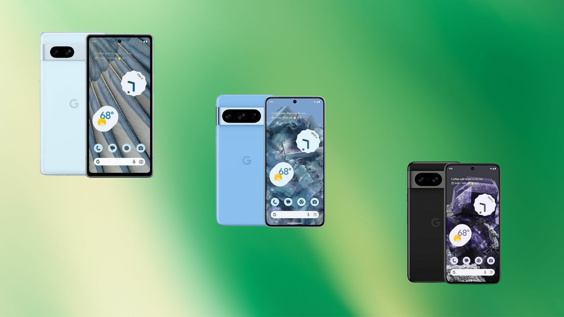 Three Google Pixel phones on a green background
