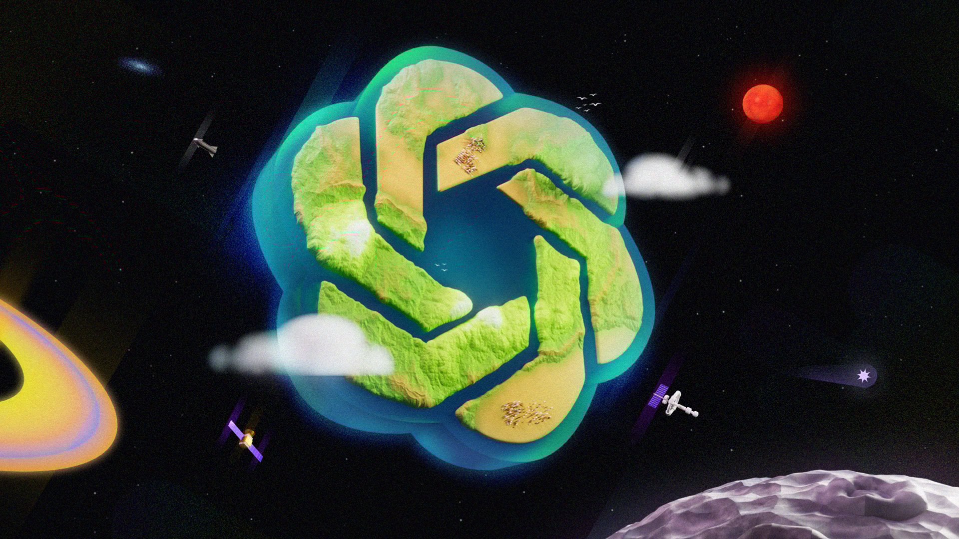 An image of a stylized, futuristic representation of a planet shaped like the ChatGPT logo, with green landmasses and blue oceans, surrounded by space with spaceships, a red sun in the distance, and a nearby moon or asteroid.