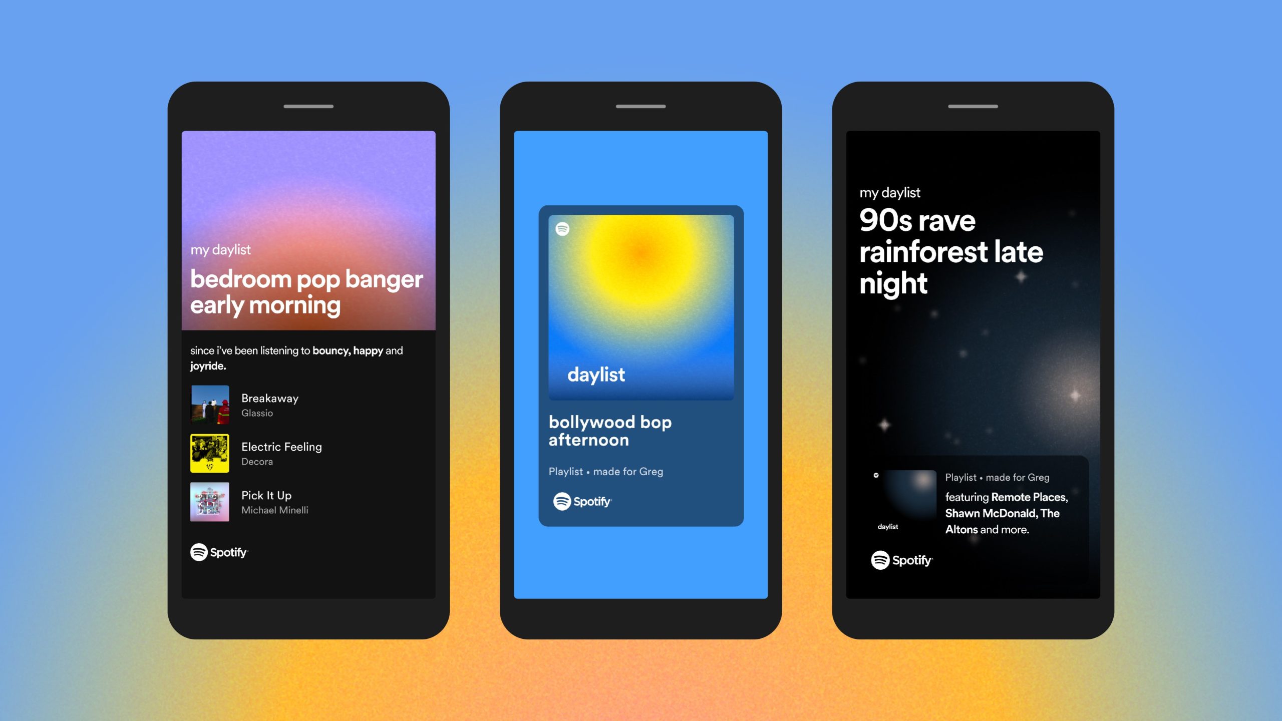 Three phone screens displaying different daylists on Spotify.